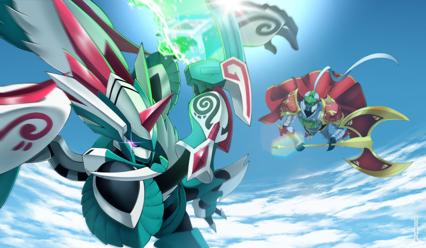 bird, cape, clouds, digimon, digimon_(creature), digimon_card_game, digimon_liberator, energy_sword