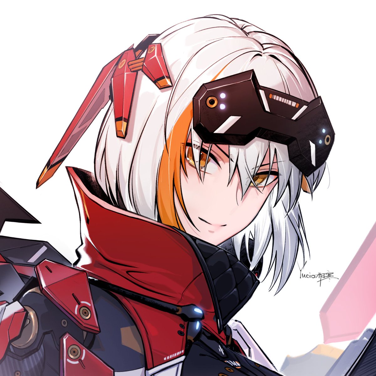 1girl, artist_name, forehead_protector, headgear, highres, jacket, looking_at_viewer, multicolored_hair