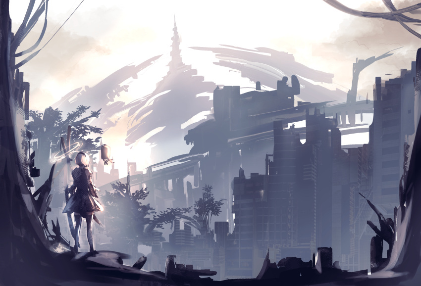 1girl, 2b_(nier:automata), black_dress, black_hairband, black_thighhighs, boots, building, castle, dress, feather-trimmed_sleeves, feather_trim, from_behind, gloves, hairband, highres, juliet_sleeves, kashia, long_sleeves, nier:automata, nier_(series), pod_(nier:automata), puffy_sleeves, ruins, scenery, short_hair, sky, skyscraper, solo, standing, sword, thigh-highs, thighhighs_under_boots, tree, virtuous_contract, weapon, white_hair, wide_shot
