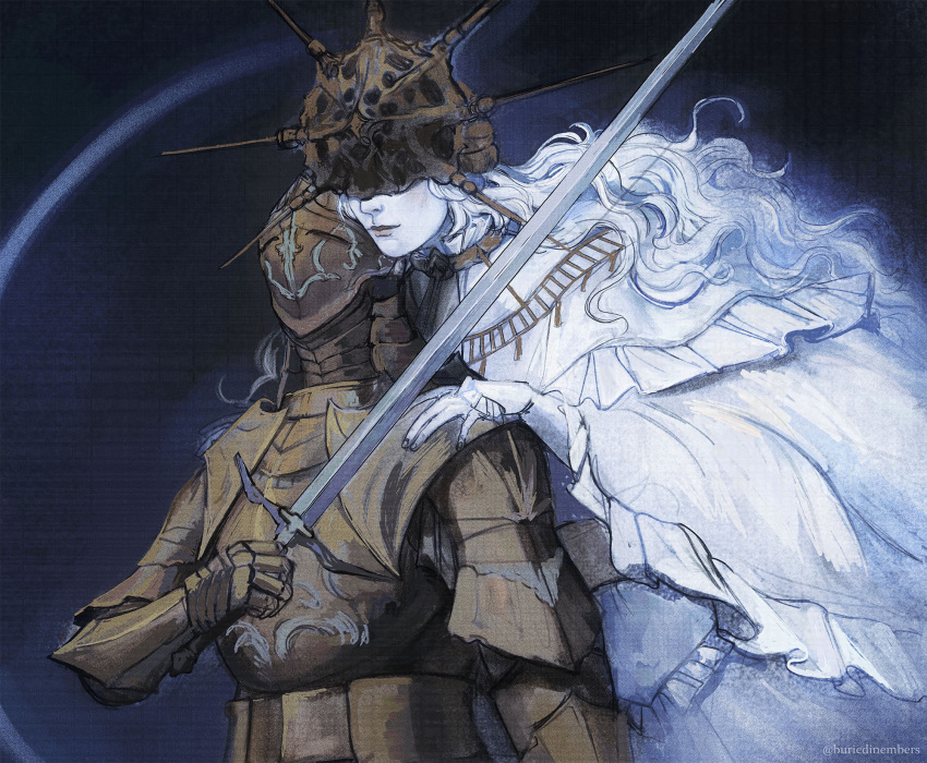 1boy, 1girl, armor, black_background, buriedinembers, closed_mouth, colored_skin, dark_souls_(series), dark_souls_i, dark_sun_gwyndolin, darkmoon_knightess, dress, full_armor, gauntlets, gradient_background, grey_skin, helmet, highres, holding, holding_sword, holding_weapon, long_hair, spiked_helmet, sword, upper_body, weapon, white_dress, white_hair
