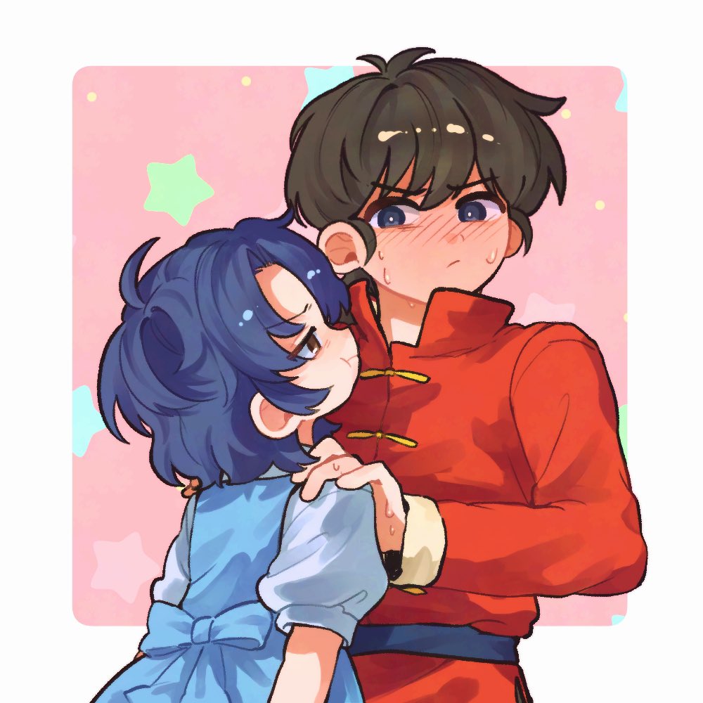1boy, 1girl, blue_hair, blush, braid, braided_ponytail, chinese_clothes, dong_o0