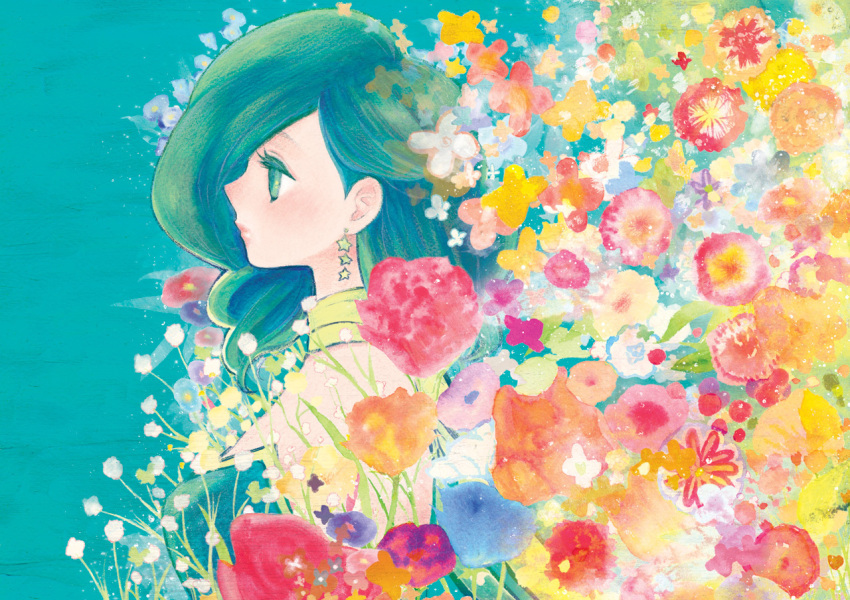 final_fantasy, final_fantasy_iv, flower, green_eyes, green_hair, jewelry, mitsuharu_nene, rydia, star, star_earrings
