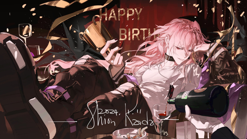 1boy, 356migoro, absurdres, ashtray, black_footwear, black_jacket, black_nails, black_pants, bottle, chain, character_name, choker, cigarette, collarbone, cup, drinking_glass, foreshortening, gloves, hand_on_own_face, happy_birthday, highres, holding, holding_bottle, holding_trophy, jacket, kaida_shion, long_hair, long_sleeves, male_focus, nail_polish, pants, paradox_live, pink_hair, pouring, red_eyes, shirt, sitting, smile, solo, torn_clothes, trophy, white_gloves, white_shirt, wine_bottle, wine_glass