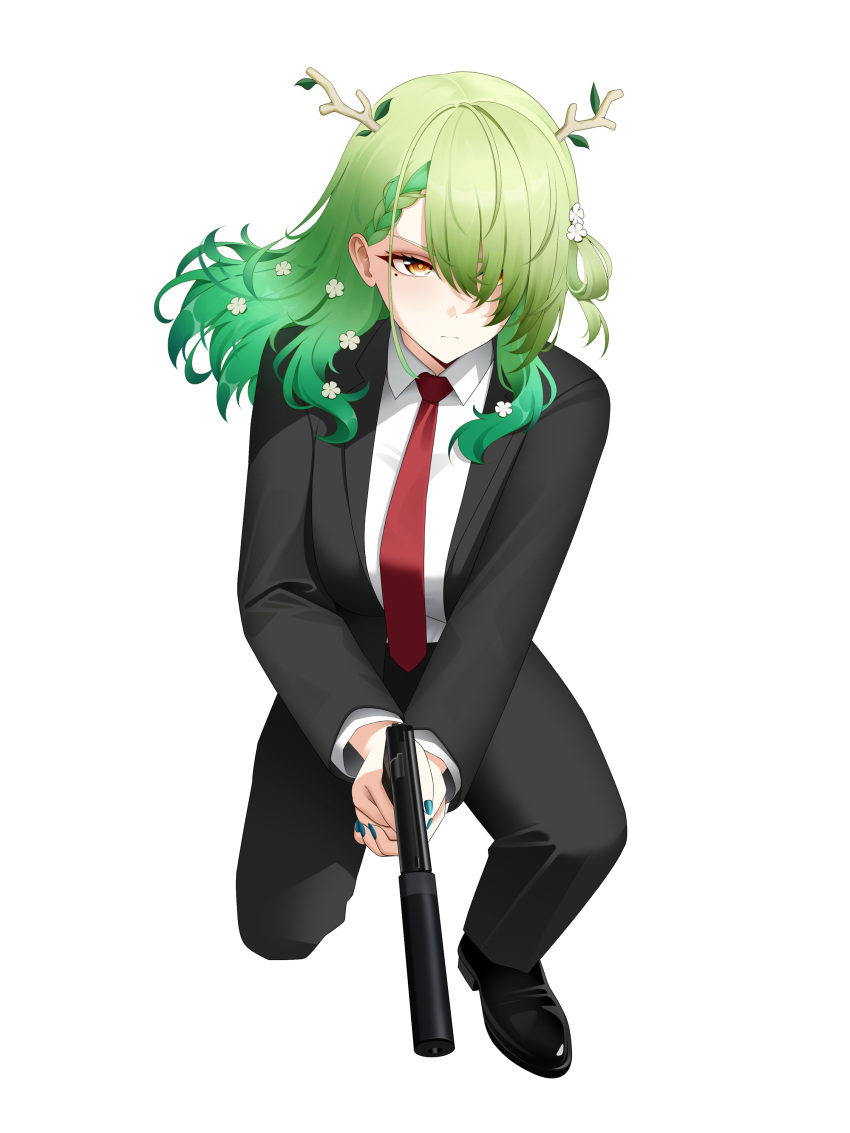 1girl, absurdres, agent_47, agent_47_(cosplay), antlers, black_footwear, black_pants, black_suit, braid, ceres_fauna, colored_tips, cosplay, darakumo, flower, full_body, green_hair, gun, hair_flower, hair_ornament, hair_over_one_eye, handgun, highres, hitman_(game), hololive, hololive_english, horns, medium_hair, mole, mole_under_eye, multicolored_hair, necktie, pants, red_necktie, shirt, shoes, single_braid, solo, suit, suppressor, virtual_youtuber, weapon, white_background, white_shirt, yellow_eyes
