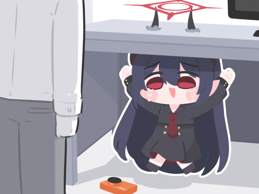 1girl, 1other, arms_up, black_hair, black_horns, black_shirt, black_skirt, blue_archive