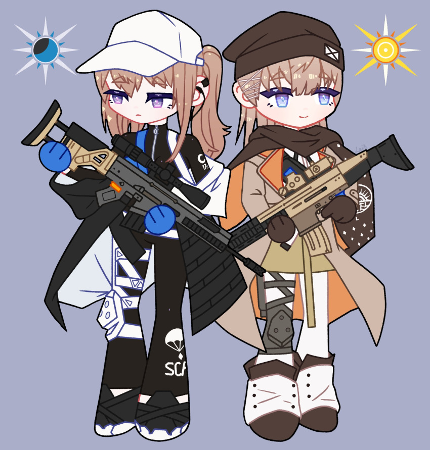 2girls, baseball_cap, beanie, black_coat, black_leggings, blonde_hair, blue_eyes, blue_gloves, bodysuit, brown_coat, brown_gloves, closed_mouth, coat, deformed, expressionless, full_body, girls_frontline, gloves, grey_background, hat, highres, knee_pads, lamarr_art, leggings, long_hair, long_sleeves, moon, multiple_girls, optical_sight, scar-h_(girls'_frontline), scar-l_(girls'_frontline), scope, sidelocks, simple_background, single_knee_pad, smile, standing, sun, turtleneck, turtleneck_bodysuit, zipper, zipper_pull_tab