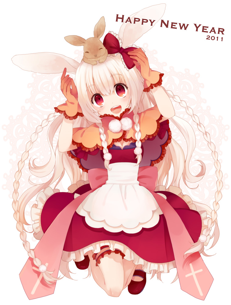 :d, albino, animal_ears, apron, bow, braid, breasts, bunny