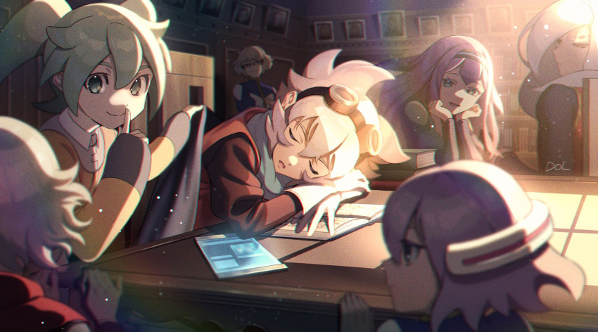 2girls, 4boys, black_sclera, colored_sclera, dolustoy, fei_rune, garo_(inazuma_eleven), gillis, glasses, gloves, goggles, goggles_on_head, green_eyes, green_hair, hair_ornament, hands_on_own_chin, highres, inazuma_eleven_(series), inazuma_eleven_go, inazuma_eleven_go_chrono_stone, jacket, long_hair, meia, mido_(inazuma_eleven), multiple_boys, multiple_girls, picture_frame, pink_hair, purple_hair, red_eyes, red_jacket, saryuu_evan, sleeping, table, twintails, white_gloves, white_hair