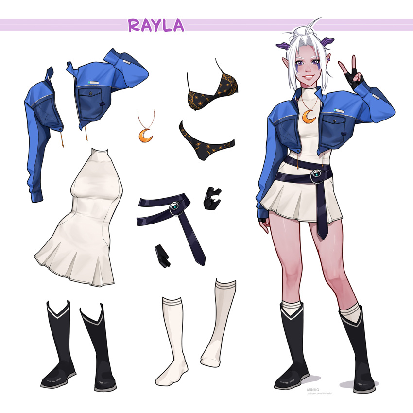 1girl, belt, black_footwear, boots, cropped_jacket, dress, ear_piercing, eyeshadow, hair_bun, highres, jacket, looking_at_viewer, makeup, olena_minko, open_clothes, open_jacket, piercing, pointy_ears, rayla_(the_dragon_prince), simple_background, smile, solo, the_dragon_prince, v, violet_eyes, white_background, white_hair