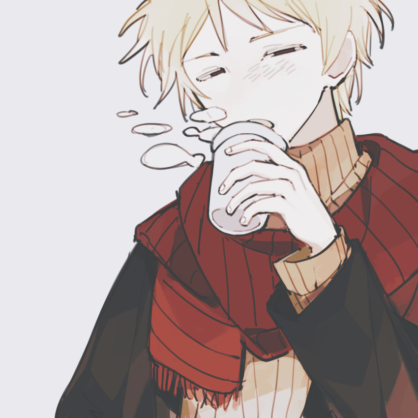 1boy, atou_haruki, black_jacket, blonde_hair, chinese_commentary, commentary_request, cup, grey_background