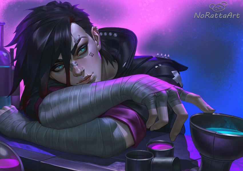 1girl, alcohol, arm_wrap, artist_name, asymmetrical_hair, bandage_on_nose, bar_(place), black_hair, cheek_tattoo, earrings, english_commentary, highres, jewelry, league_of_legends, norattaart, nose_piercing, piercing, short_hair, sidecut, solo, tattoo, undercut, vi_(league_of_legends)