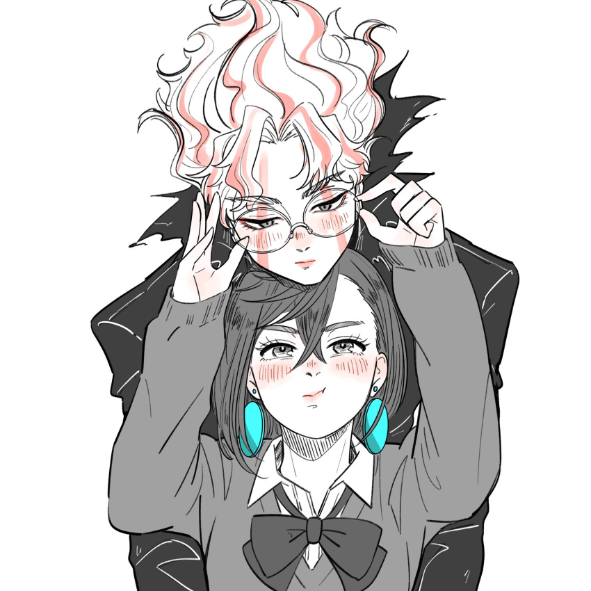 1boy, 1girl, :t, adjusting_another's_eyewear, adjusting_eyewear, alternate_form, arms_up, ayase_momo