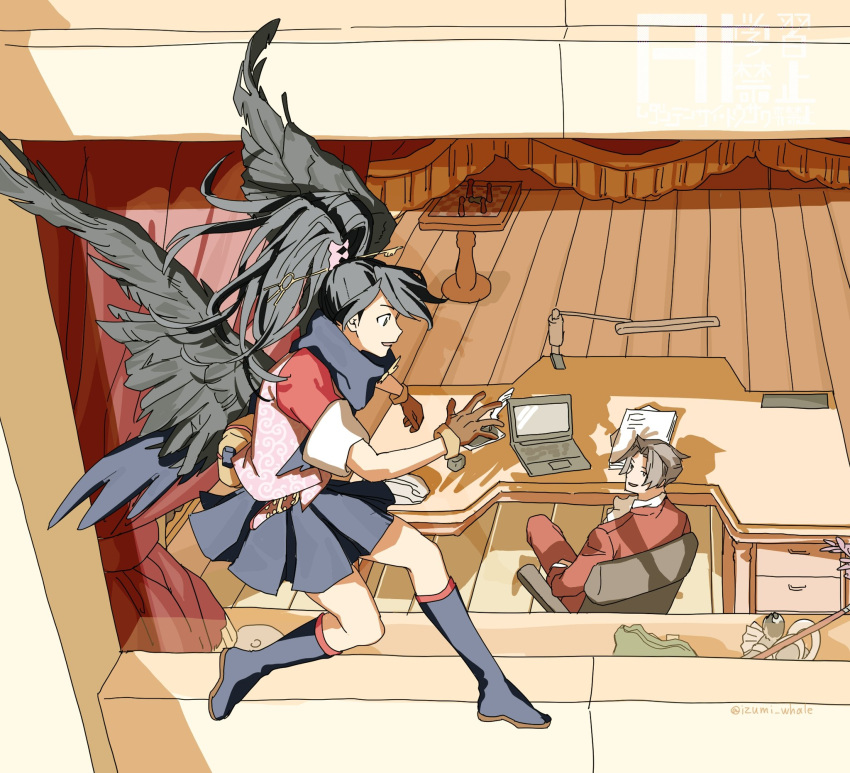 1boy, 1girl, ace_attorney, ace_attorney_investigations, belt_pouch, bird_girl, bird_wings, black_hair, black_wings, blue_scarf, board_game, boots, brown_gloves, chess, computer, desk, feathered_wings, flying, from_above, gloves, grey_hair, high_ponytail, highres, izumi_whale, karakusa_(pattern), kay_faraday, key_hair_ornament, knee_boots, laptop, long_hair, miles_edgeworth, parted_bangs, pink_shirt, pleated_skirt, ponytail, pouch, red_suit, scarf, shadow, shirt, short_hair, short_sleeves, skirt, sleeves_rolled_up, smile, solo_focus, suit, twitter_username, waving, window, wings