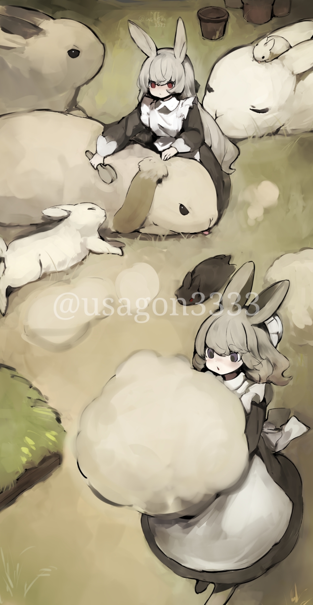 2girls, animal_ears, animal_on_head, apron, black_dress, brown_eyes, brushing_animal, bucket, check_copyright, commentary_request, copyright_request, dress, furball, grass, grey_hair, highres, kneeling, long_hair, long_sleeves, maid_apron, multiple_girls, on_head, original, rabbit, rabbit_ears, rabbit_girl, shirokujira, size_difference, sleeping, twitter_username, white_apron, white_fur