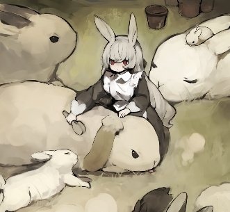 1girl, animal_ears, animal_on_head, apron, black_dress, brown_eyes, brushing_animal, bucket, check_copyright, commentary, copyright_request, dress, grey_hair, kneeling, long_hair, long_sleeves, lowres, maid_apron, on_head, original, rabbit, rabbit_ears, rabbit_girl, shirokujira, size_difference, sleeping, symbol-only_commentary, white_apron, white_fur