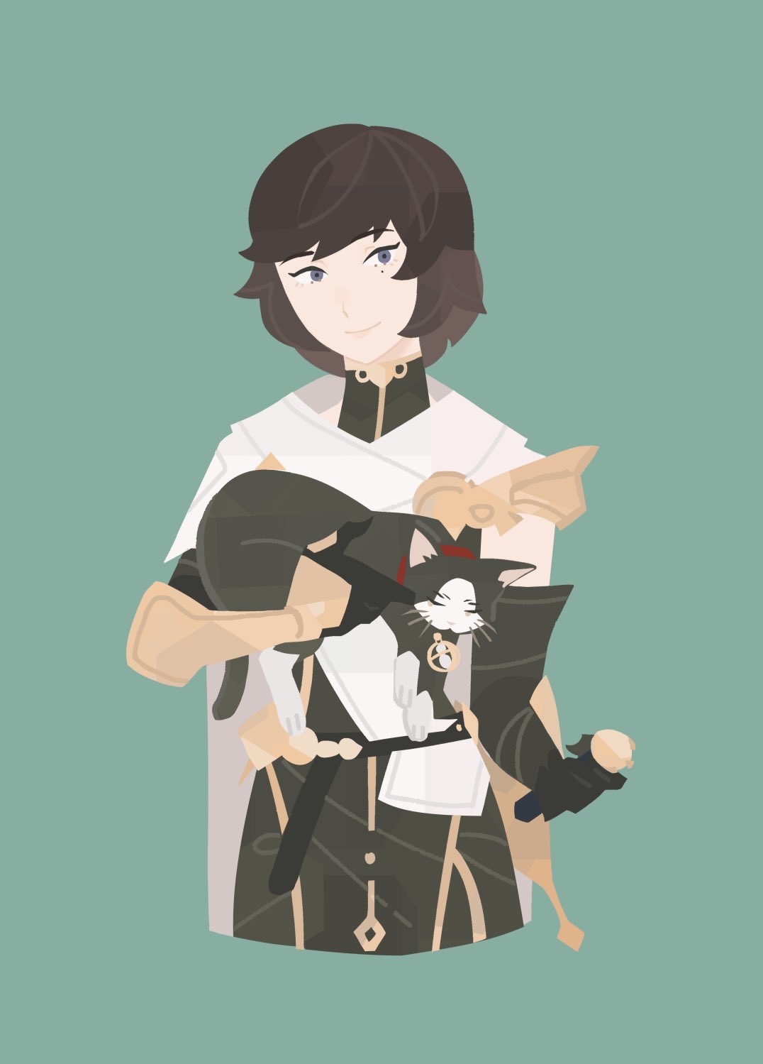 1girl, animal, belt, black_gloves, brown_hair, cape, cat, collar, cowboy_shot, cropped_torso, female_voyager, gauntlets, gloves, green_background, grey_eyes, hand_on_hilt, highres, holding, holding_animal, holding_cat, kuro_(sword_of_convallaria), light_smile, medium_hair, mole, mole_under_eye, no_lineart, pedes1ayer, sheath, sheathed, simple_background, solo, sword, sword_of_convallaria, weapon, whiskers, white_cape
