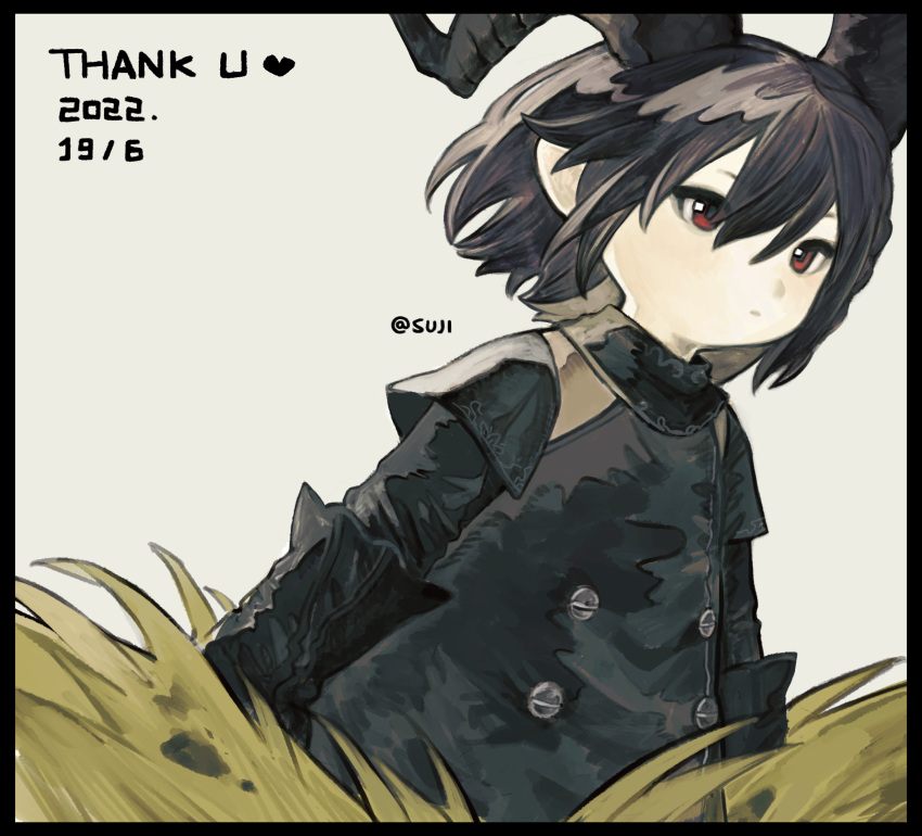 1girl, black_border, black_coat, black_gloves, black_hair, black_horns, border, coat