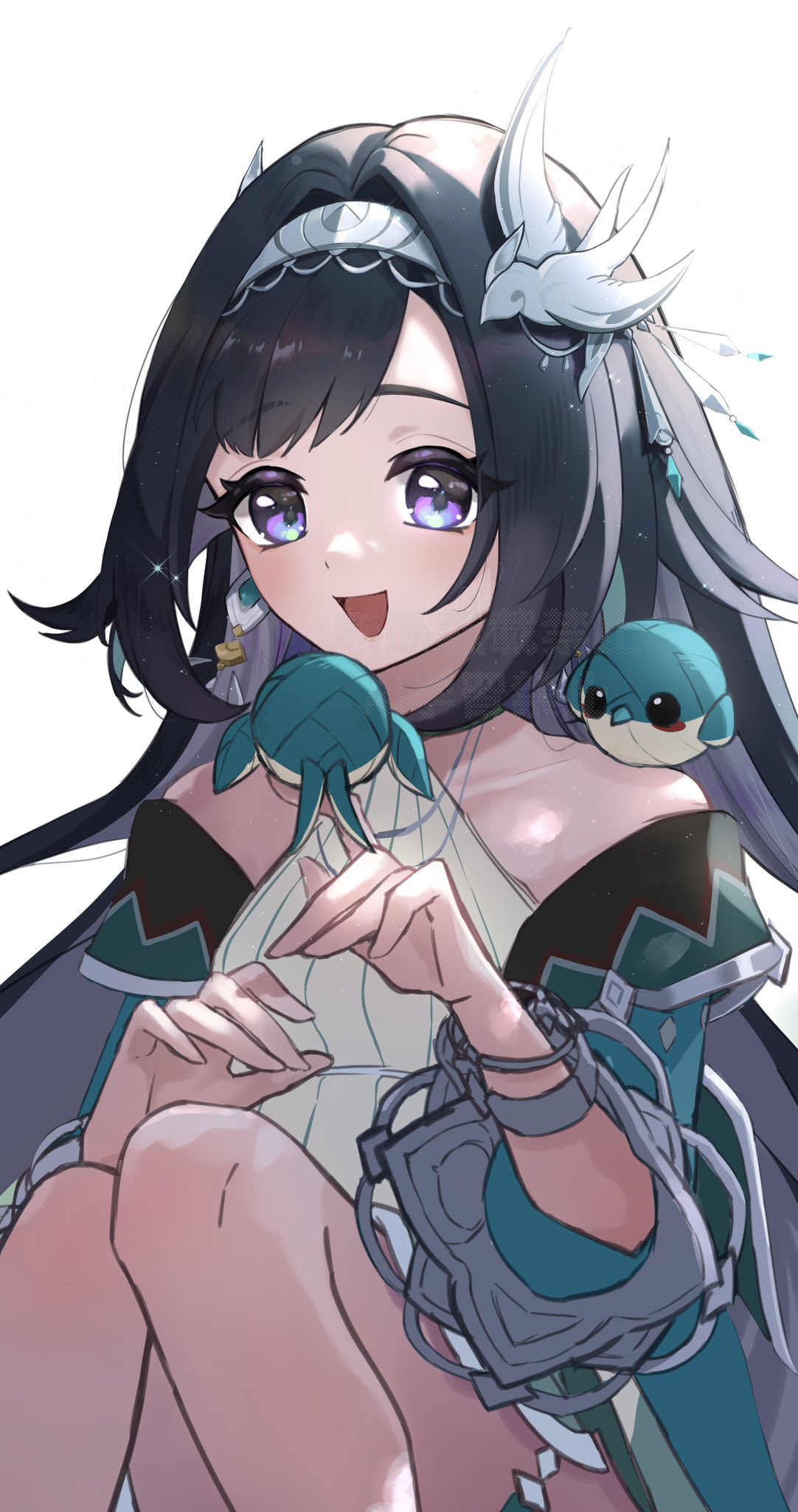 1girl, bare_shoulders, black_footwear, black_hair, blush, detached_sleeves, dress, genshin_impact
