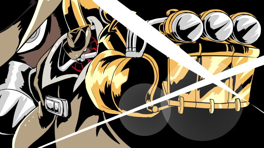 1boy, absurdres, big_band, commentary, cyborg, dark_skin, deputy_rust, diffraction_spikes, english_commentary, eye_focus, fedora, hat, high_contrast, highres, lens_flare, punching, simple_background, skullgirls, tengen_toppa_gurren_lagann, ttgl_eyecatch