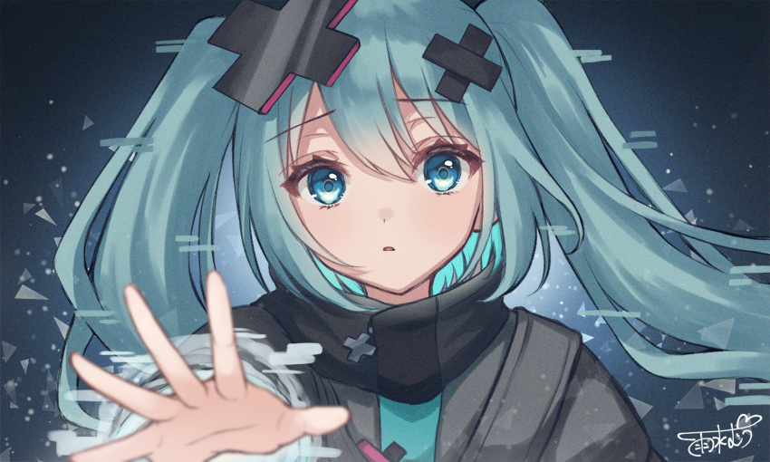1girl, aqua_eyes, aqua_hair, black_jacket, blue_background, commentary_request, foreshortening, hair_ornament, hand_up, hatsune_miku, highres, jacket, kowareta_sekai_to_utaenai_miku, long_hair, looking_at_viewer, parted_lips, portrait, project_sekai, reaching, reaching_towards_viewer, solo, straight-on, triangle, turtleneck, turtleneck_jacket, twintails, usui_muu, utaenai_miku, vocaloid, x_hair_ornament
