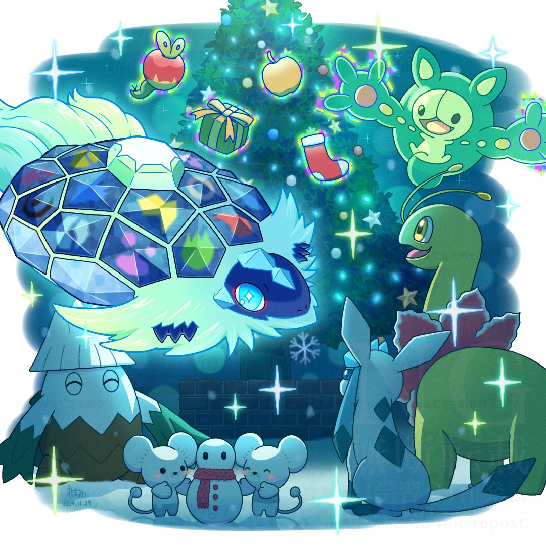 apple, applin, black_eyes, blue_eyes, blush, blush_stickers, christmas, christmas_stocking