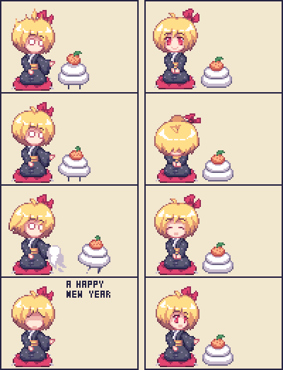4koma, ahoge, blonde_hair, bowing, cake, closed_eyes, comic, english