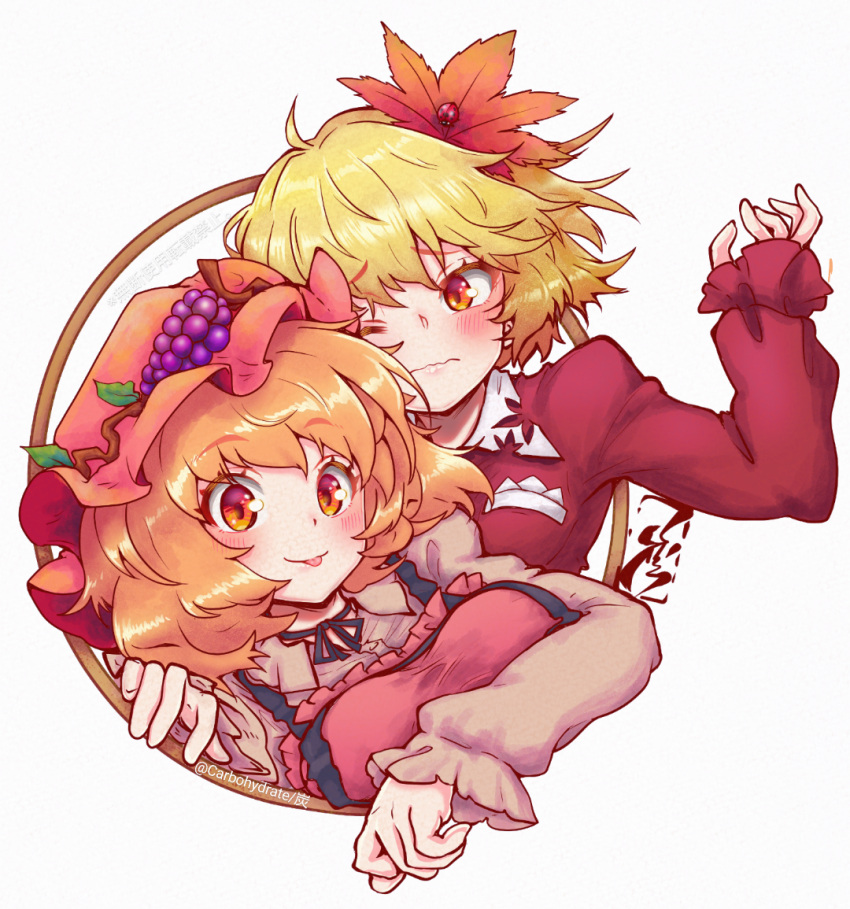2girls, :s, ahoge, aki_minoriko, aki_shizuha, apron, black_ribbon, blonde_hair, blush, breasts, brown_dress, carbohydrate_(asta4282), collar, commentary, dress, grape_hat_ornament, hat, large_breasts, leaf_cutout, long_sleeves, maple_leaf_hair_ornament, mob_cap, multiple_girls, one_eye_closed, orange_eyes, raised_inner_eyebrows, red_apron, red_dress, red_hat, ribbon, smile, swept_bangs, symbol-only_commentary, tongue, tongue_out, touhou, upper_body, white_collar