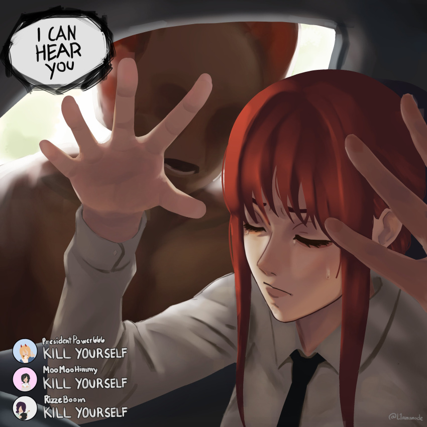 1girl, absurdres, car_interior, chainsaw_man, chat_log, closed_eyes, closed_mouth, donald_trump_please_save_us_(meme)