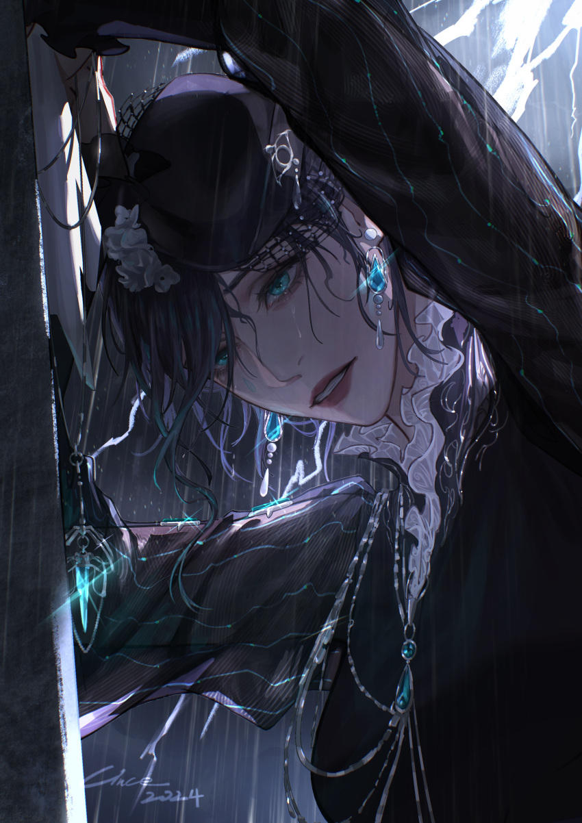 1girl, 2024, absurdres, against_wall, aqua_eyes, black_dress, black_hair, blue_gemstone