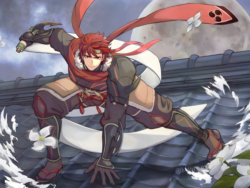 1boy, armor, black_socks, diamant_(fire_emblem), diamant_(ninja)_(fire_emblem), fire_emblem, fire_emblem_engage, fire_emblem_heroes, headband, highres, japanese_armor, ninja, official_alternate_costume, red_eyes, red_scarf, redhead, sandals, scarf, socks, zuguroman