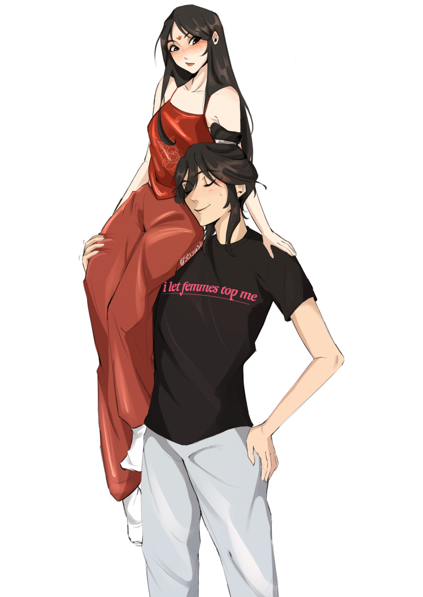 2girls, artist_name, bare_shoulders, black_eyes, black_hair, black_shirt, blush, closed_eyes