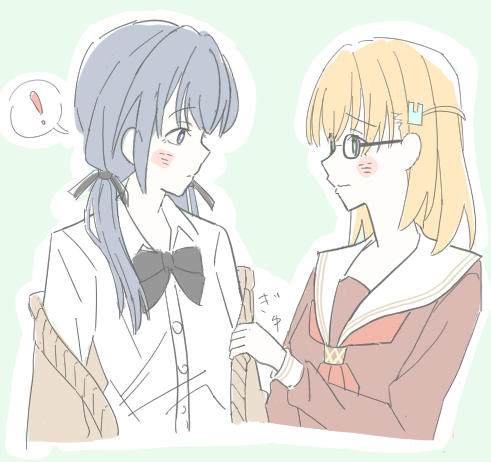 !, 2girls, alternate_universe, aqua_eyes, black_ribbon, blue_eyes, blue_hair, brown_cardigan