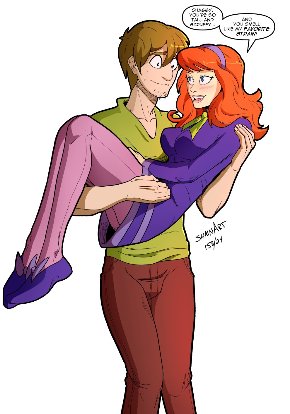 1boy, 1girl, beard_stubble, blue_eyes, brown_hair, brown_pants, carrying, daphne_blake