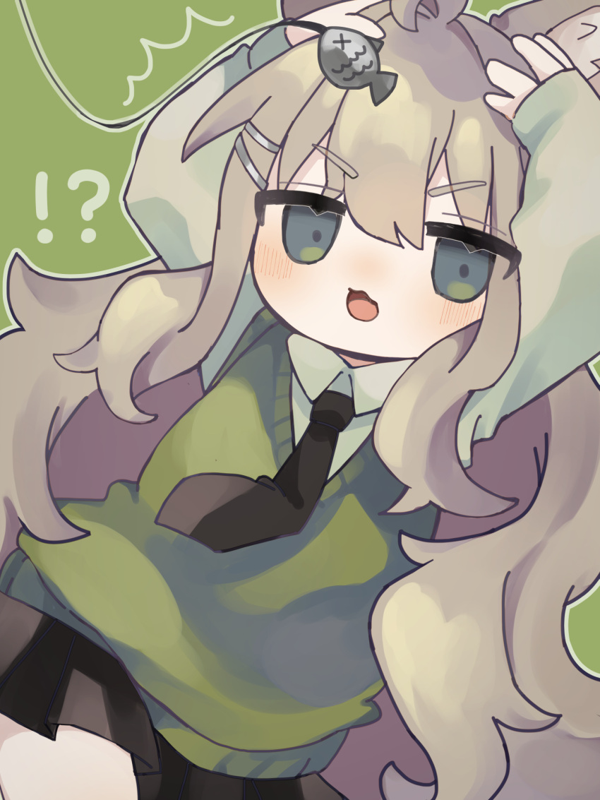 !?, 1girl, ^^^, ahoge, animal_ear_fluff, animal_ears, arms_up, black_necktie