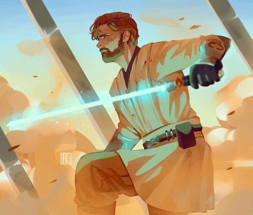1boy, beard, black_gloves, blue_lightsaber, cherriielle, day, energy_sword, facial_hair