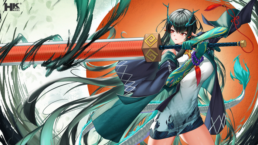 1girl, absurdres, aqua_hair, arknights, artist_logo, beads, black_hair, colored_extremities, commentary, copyright_notice, cowboy_shot, dragon_girl, dragon_horns, dragon_tail, dress, dusk_(arknights), hair_between_eyes, highres, hk419, holding, holding_sword, holding_weapon, horns, huge_weapon, logo, looking_to_the_side, multicolored_hair, necktie, red_eyes, red_necktie, red_sun, short_dress, solo, standing, streaked_hair, sword, tail, two-handed, two-tone_hair, uroko_(pattern), weapon, white_dress