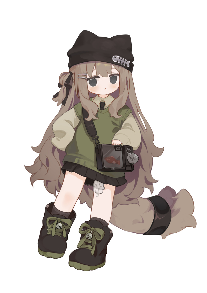 1girl, :<, absurdres, animal_ear_headwear, animal_ears, animal_hat, badge, bag