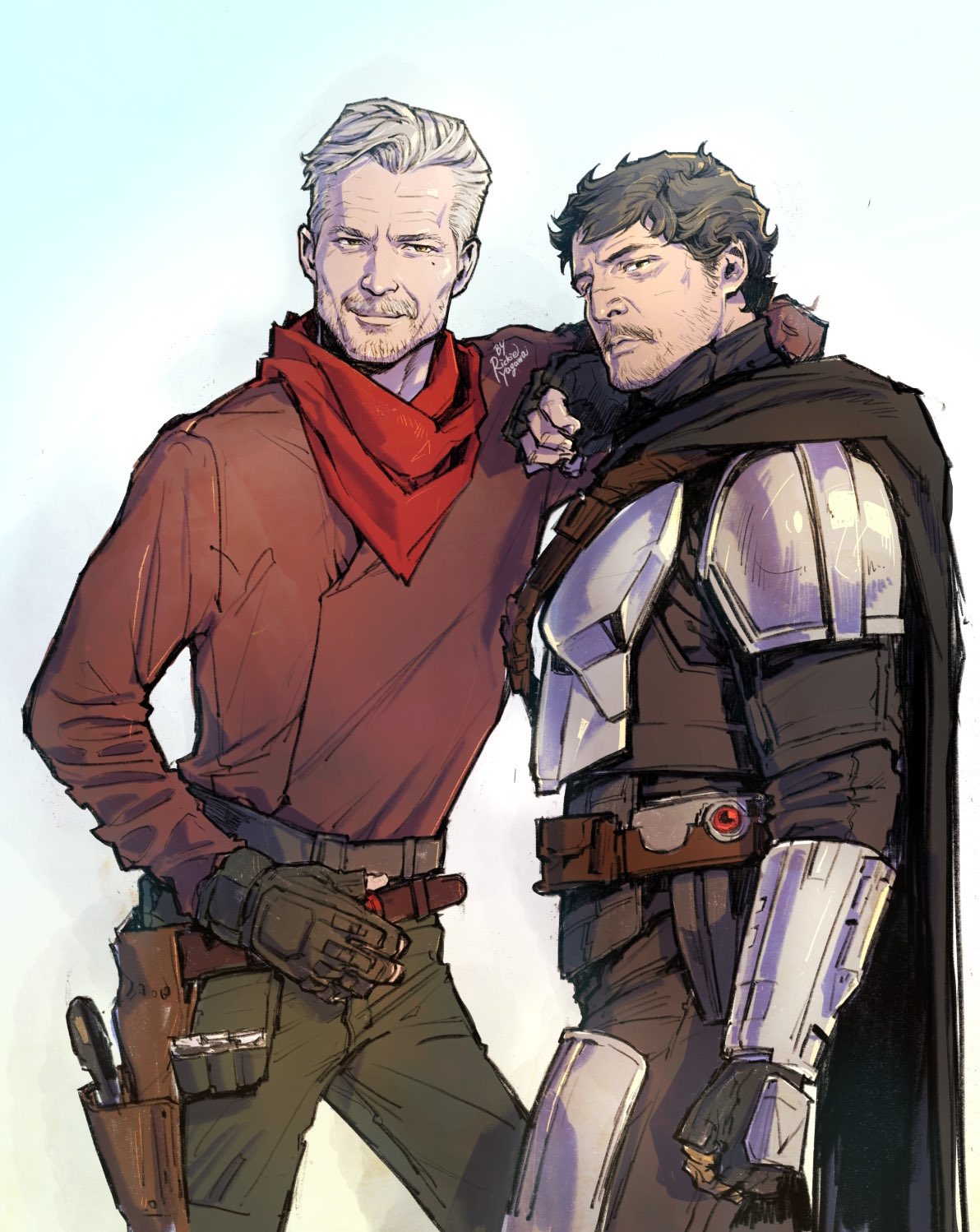 2boys, armor, bandana, bandana_around_neck, beard_stubble, black_cape, brown_gloves, brown_hair, brown_shirt, cape, cobb_vanth, din_djarin, facial_hair, fingerless_gloves, gloves, green_pants, highres, holster, looking_at_viewer, multiple_boys, pants, red_bandana, rickie_yagawa, shirt, short_hair, star_wars, stubble, the_mandalorian, thigh_holster, white_hair