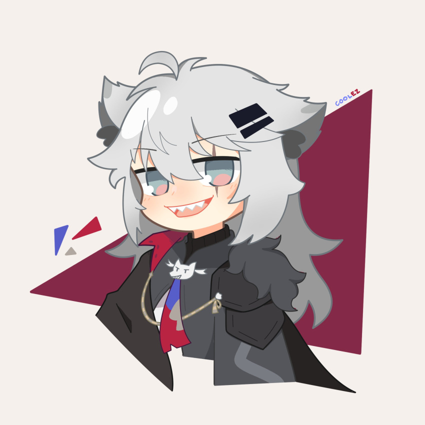 1girl, animal_ears, arknights, artist_name, black_jacket, bolo_tie, chibi, chibi_only, coolez, cropped_torso, green_eyes, grey_background, grey_hair, hair_between_eyes, highres, jacket, lappland_(arknights), lappland_the_decadenza_(arknights), long_hair, looking_at_viewer, necktie, open_mouth, purple_necktie, red_necktie, scar, scar_across_eye, sharp_teeth, simple_background, smile, solo, teeth, upper_teeth_only, wolf_ears, wolf_girl