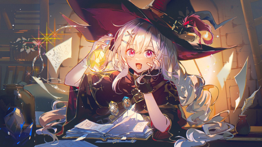 1girl, bandolier, belt, beryl_(sword_of_convallaria), black_coat, black_gloves, book, bookmark, bottle, braid, brick_wall, chinese_commentary, coat, commentary_request, desk, fang, fingerless_gloves, gem, gloves, hat, hat_feather, head_rest, highres, holding, holding_bottle, humi_humi, indoors, inkwell, jar, long_hair, open_book, pink_eyes, pink_hair, quill, solo, sparkle, stairs, sword_of_convallaria, very_long_hair, witch, witch_hat