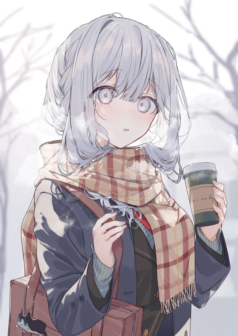 1girl, animal_charm, bag, bare_tree, black_jacket, blazer, blush, breasts, breath, brown_bag, brown_scarf, cat_charm, cup, disposable_coffee_cup, disposable_cup, double-parted_bangs, enpera, fuyukawa_kagari, grey_eyes, grey_hair, grey_sweater, hair_between_eyes, hair_intakes, hakanai_kimi_wa_moukou_wo_hajimeru, holding, holding_cup, holding_strap, jacket, kazutake_hazano, long_sleeves, looking_at_viewer, medium_breasts, necktie, outdoors, parted_lips, plaid_clothes, plaid_scarf, red_necktie, scarf, school_bag, shirt, short_hair_with_long_locks, sidelocks, solo, sweater, tree, upper_body, white_shirt, winter