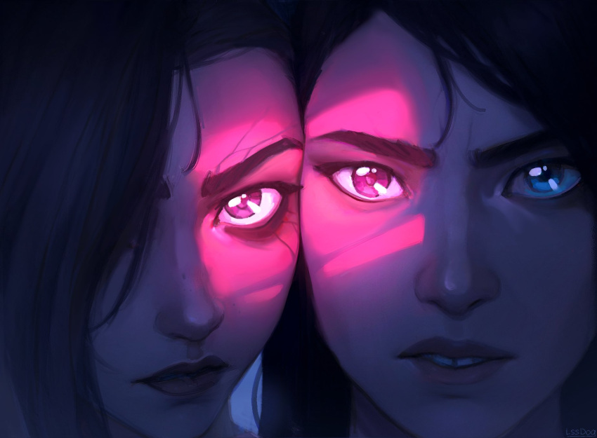 2girls, arcane:_league_of_legends, artist_name, blue_eyes, blue_hair, caitlyn_(league_of_legends), close-up, closed_mouth, crack_of_light, hair_over_one_eye, highres, jinx_(league_of_legends), league_of_legends, long_hair, looking_at_viewer, lssdog, multiple_girls, pink_light, portrait, serious, side-by-side, teeth