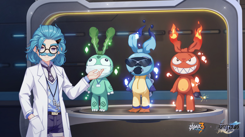 1girl, blue_eyes, blue_hair, blue_shorts, blue_sweater, bulbasaur, bulbasaur_(cosplay), charmander