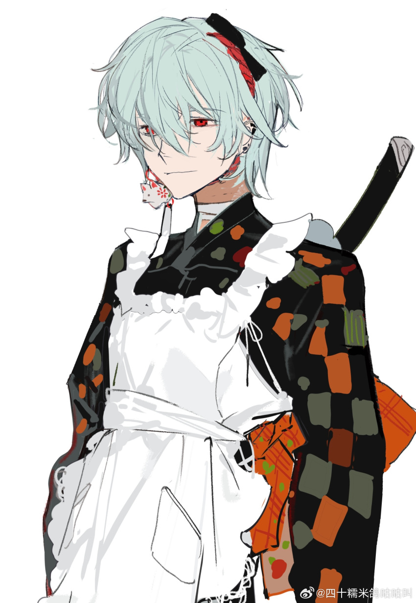 1boy, absurdres, animal_earrings, apron, back_bow, bandaged_neck, bandages, black_bow
