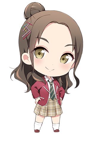 1girl, blazer, blush, brown_footwear, brown_hair, brown_skirt, chibi, chibi_only, closed_mouth, collared_shirt, diagonal-striped_clothes, diagonal-striped_necktie, dress_shirt, full_body, green_necktie, hair_bun, hair_ornament, hands_on_own_hips, harukaze_sayaka, hazuki_(sutasuta), jacket, long_hair, loose_socks, love_live!, love_live!_school_idol_musical, lowres, medium_skirt, necktie, official_art, open_clothes, open_jacket, parted_bangs, plaid_clothes, plaid_skirt, pleated_skirt, red_jacket, school_uniform, shirt, shoes, sidelocks, simple_background, single_hair_bun, skirt, smile, socks, solo, split_mouth, striped_clothes, takizakura_school_uniform, transparent_background, white_shirt, white_socks
