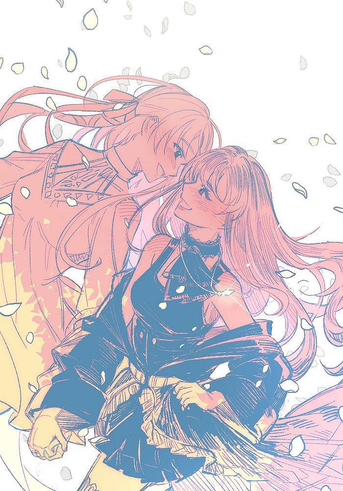 2girls, blush, clothing_cutout, commentary_request, dress, eye_contact, falling_petals, final_fantasy