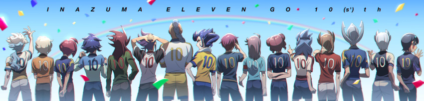 6+boys, ancient_dark, andou_tsuneyuki, anniversary, arakumo_gakuen, arakumo_gakuen_soccer_uniform, arms_behind_back, arms_behind_head