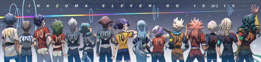 1girl, 6+boys, alpha_(inazuma_eleven), anniversary, arms_behind_back, asta_(inazuma_eleven), back, beta_(inazuma_eleven)