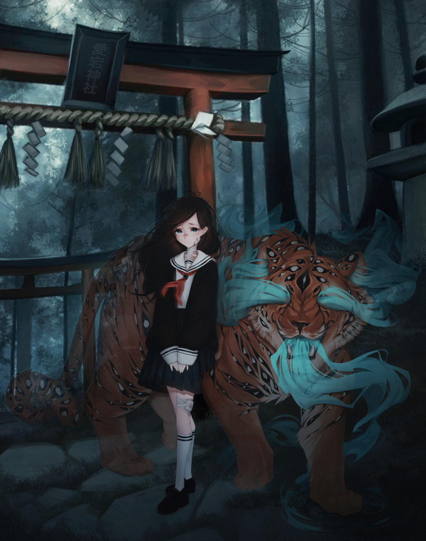 1girl, 2023, absurdres, all_fours, black_skirt, blue_eyes, brown_hair, dark_forest, extra_eyes, highres, kitsu_(skydiverfox), long_hair, long_sleeves, neckerchief, original, red_neckerchief, school_uniform, shrine, skirt, socks, stepping_stones, tiger, torii, traditional_youkai, tree, white_socks