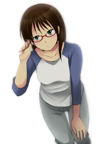 1girl, adjusting_eyewear, aqua_eyes, bent_over, breasts, brown_hair, colored_skin, commentary_request